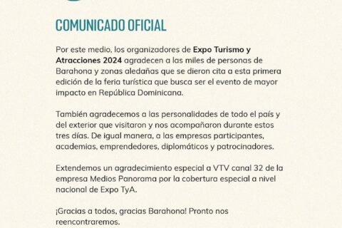 Comunicado oficial Expo Turismo y Atracciones 2024 (Expo TyA) en Barahona